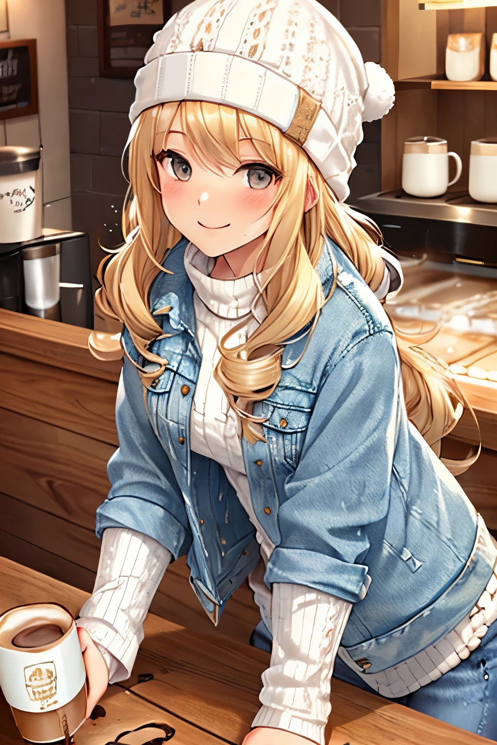 (blonde:1.25),(long hair with curls:1.25),(With bangs),(white knit hat:1.3),(denim jackets:1.3),(coffee shop:1.35),(hot coffee:1.4),(blush),(Slightly smile:1.35),(leaning forward:1.2),(mug cup:1.35)