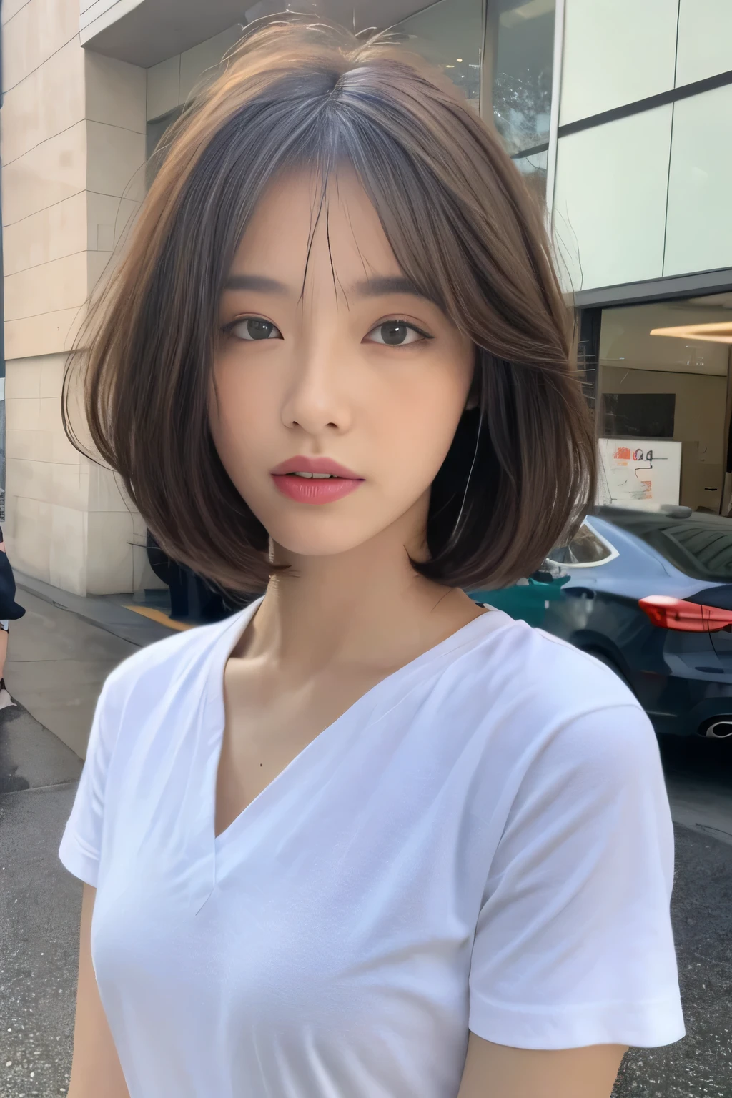 ((highest quality, 8K, masterpiece:1.3)), concentrate:1.2, perfect body beauty:1.4, buttocks:1.2, ((layered haircut, chest:1.2)) , (rain, street:1.3), White Short T-Shirt: 1.1, short skirt, Open the navel, Highly detailed face and skin texture, fine eyes, double eyelid, whitened skin, long hair