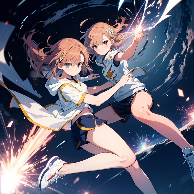 1 girl,alone, superior_Mikoto, highest quality, lightning and thunder, Lightning runs across the sky, magic, bright sky, summer,floating hair in the air,holding a lightning bolt, Sleeveless Hoodie,shorts,sneakers,hat,serious,In town,near future,Dynamic Action Pose,fighting pose,muste piece, high quality, best quality, high resolution, In 4K, High freshness, beautiful lighting, highly detailed face, well drawn hands, well drawn legs, well drawn feet, (((well drawn eyes))),