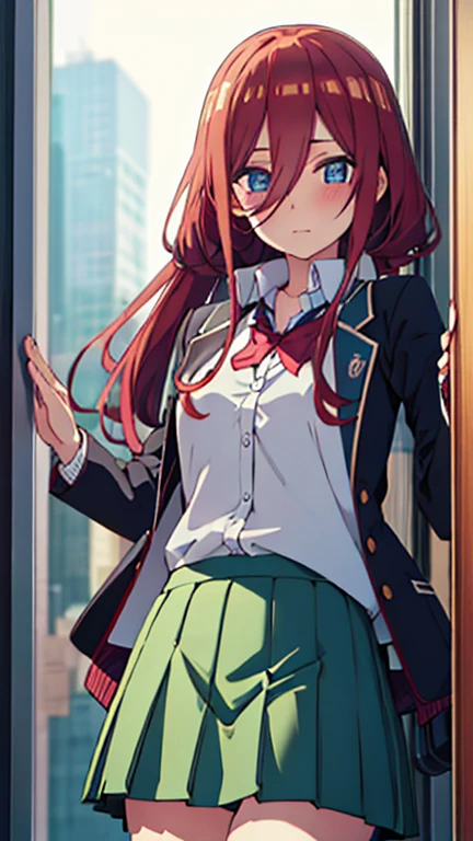 Miku, long hair, shiny hair, maroon hair, hair between eyes, blue eyes, highly detailed eyes, headphones around neck, Outfit_School, white shirt, collared shirt, blue cardigan, green skirt, pleated skirt, black pantyhose, loafers,パンティショット, ((accentuate white パンティー)), スカートを持ち上げる, 両手をお腹の前に置く,