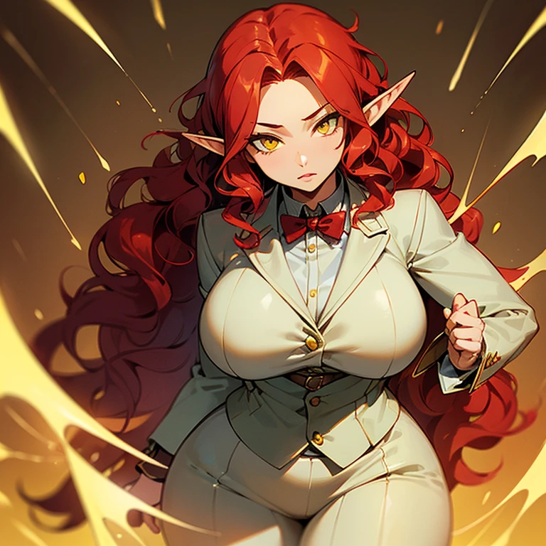 (((Alone))),(((Elf Woman Milf))),(((Light Skin))),(((Wavy red hair))),(((Yellow Eyes))),((Curvy Body)),(((Wearing a suit)))