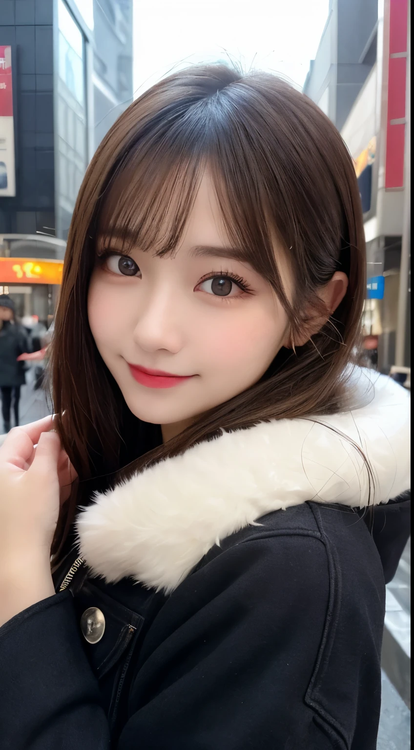 table top, highest quality, shape, Super detailed, finely, High resolution, 8k wallpaper, 完璧なダイナミックな構shape, beautiful and detailed eyes, Tokyo trend winter fashion,straight hair, small breasts, natural color lip, random sexy pose,cute smile,big city、20 year old girl、beautiful and detailed face、perfect and beautiful face,Big eyes、Wear fluffy black outerwear with fur、beautiful detailed face、perfect and beautiful double eyelids、blur the background