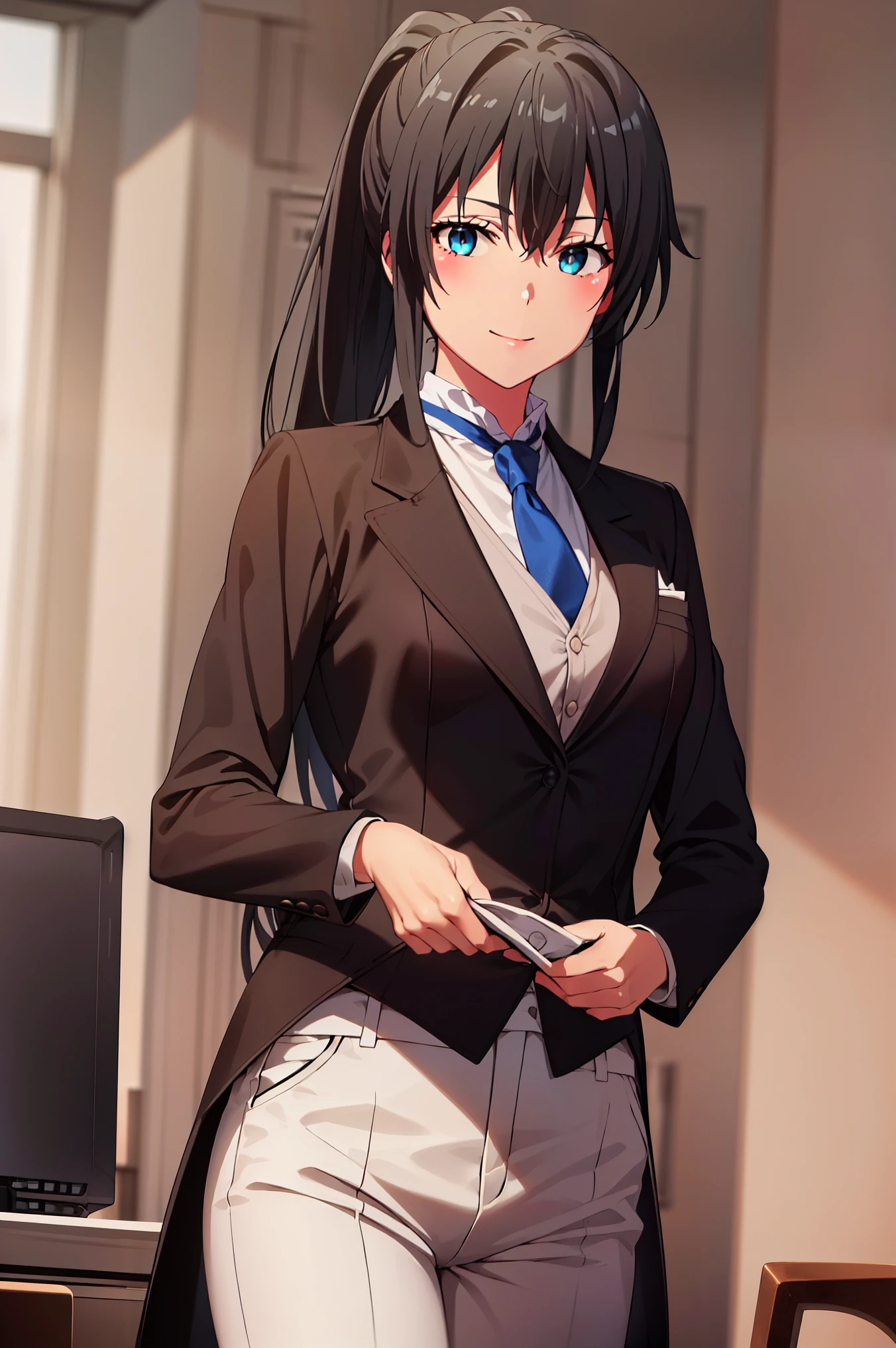 ((best quality)), ((masterpiece)), (detailed) 1girl 1girl, ;\), blurry, blurry_background, breasts, , hair_ponytail ribbon, looking_at_viewer, ok_sign, one_eye_closed, open_hand, Yukinoshita Yukino ,Woman wearing formal clothes, An attractive coat stands in a large gap in the room , 1girl, 独奏, blue necktie, Black hair, eyes blue, long hair, smile , collared shirt, white pants, white shirt , Elegantly designed coat , Stand in front of a window ,Perfectly tailored tailcoat. It has a stunning Victorian design and is made of lustrous fabric