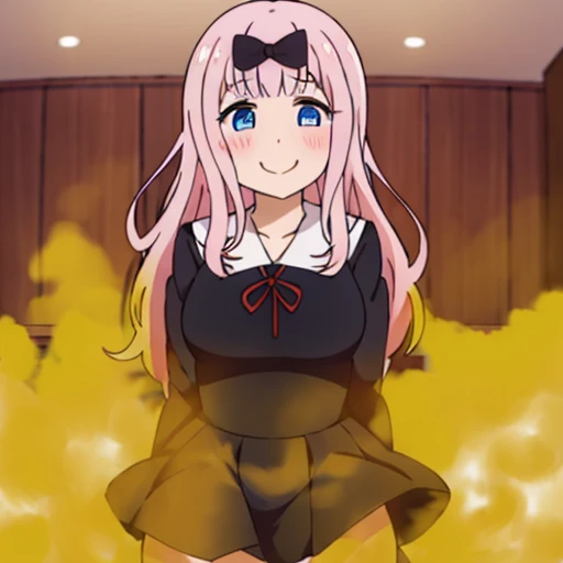 highest quality、(master piece:1.2)、detailed、Chika Fujiwara (Kaguya-sama)、1 girl、solo、open your mouth、Satisfied smile、pink hair、blue eyes、long hair、school uniform、black dress、hair ribbon、black ribbon、Red Ribbon、Are standing、classroom、????、Gas comes out of the butt、