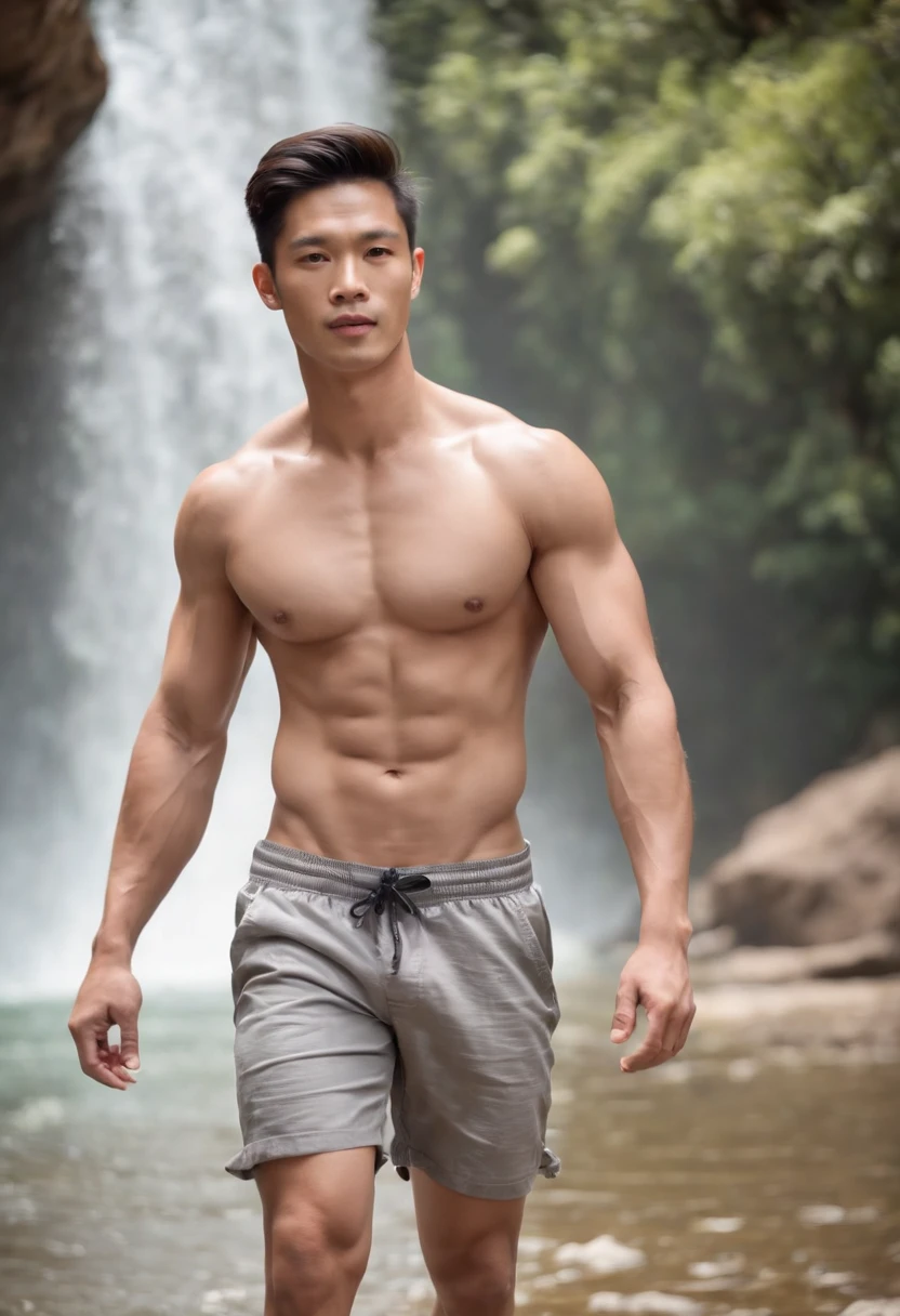 a photo-realistic image of a (((muscular and toned))) Thai male in shorts, (((irresistibly sexy, good looking, and beautiful handsome face))), with ((pale skin color with fine skin complexion)), (((bare chest))), ((no top)), ((beautiful and shiny long black hair)), ((no pants)), in the world of Asian male model legends, walking in the river, background of waterfall and mountains on a sunny day. ((full body shot)), ((ultra high resolution))