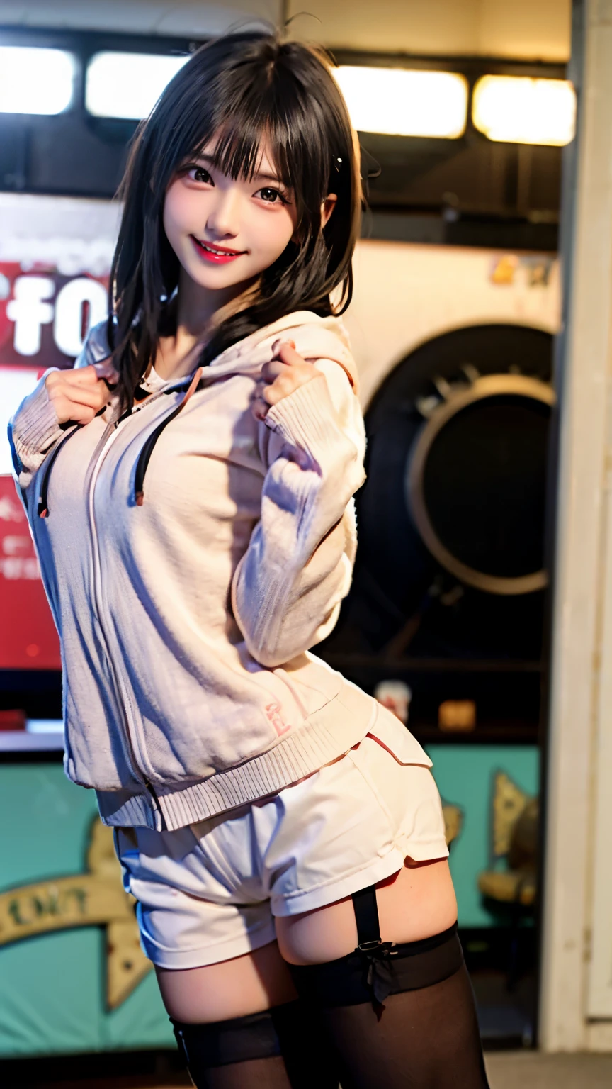 ((1girl)), in pink hoodie, instant camera flash, makeup with glossy lip, small breasts, (pink hoodie), various angle, ((face focus)), 22 years old, Beautiful Japanese Girl, (nsfw:1.4), realistic light, realistic skin tone, (standing pose:1.4)