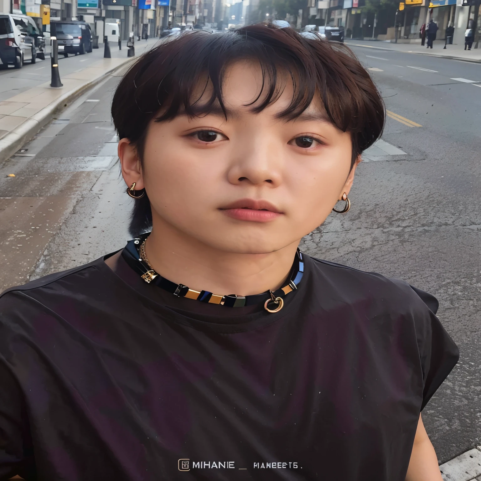 a close up of a person with a necklace on a street, jungkook, hyung tae, kim doyoung, jinyoung shin, cai xukun, hong june hyung, headshot profile picture, inspired by jeonseok lee, taejune kim, yanjun chengt, glossy from rain, hyung tae kim, taken in the early 2020s, inspired by Bian Shoumin