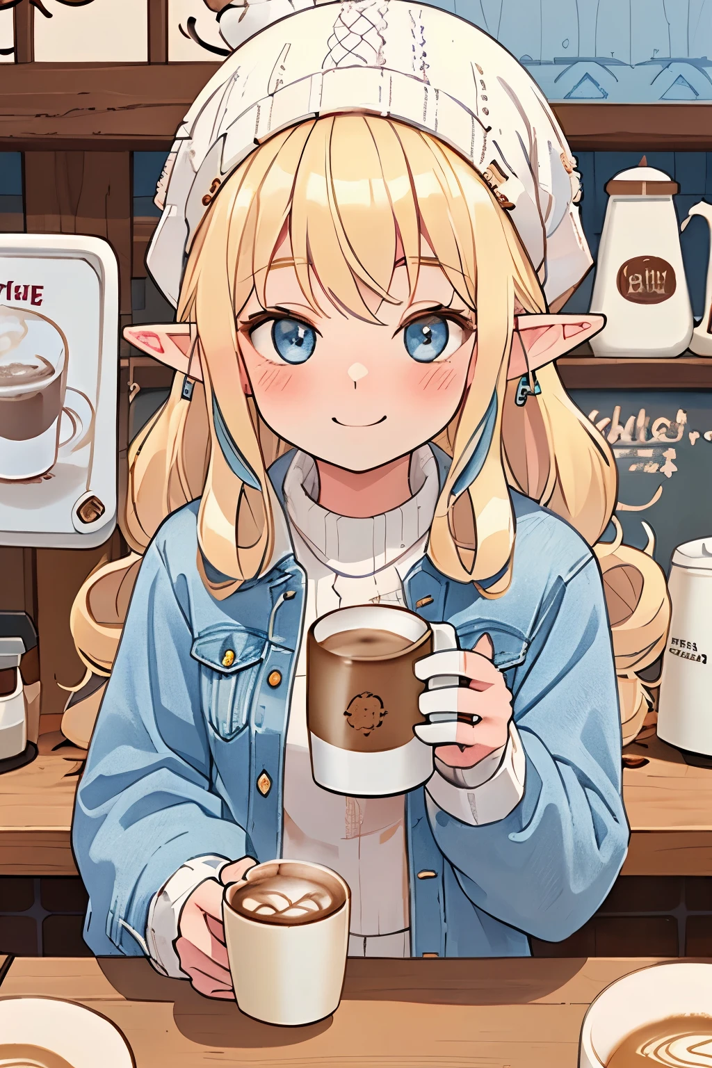 (blonde:1.25),(long hair with curls:1.25),(With bangs),(white knit hat:1.3),(denim jackets:1.3),(coffee shop:1.35),(hot coffee:1.4),(blush),(Slightly smile:1.35),(leaning forward:1.2),(mug cup:1.35),(elf ears:1.3),(ears are long:1.2)