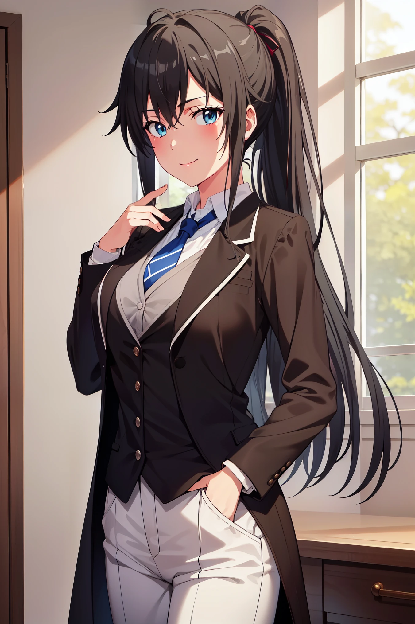 ((best quality)), ((masterpiece)), (detailed) 1girl 1girl, ;\), blurry, blurry_background, breasts, , hair_ponytail ribbon, looking_at_viewer, ok_sign, one_eye_closed, open_hand, Yukinoshita Yukino ,Woman wearing formal clothes, An attractive coat stands in a large gap in the room , 1girl, 独奏, blue necktie, Black hair, eyes blue, long hair, smile , collared shirt, white pants, white shirt , Elegantly designed coat , Stand in front of a window ,Perfectly tailored tailcoat. It has a stunning Victorian design and is made of lustrous fabric