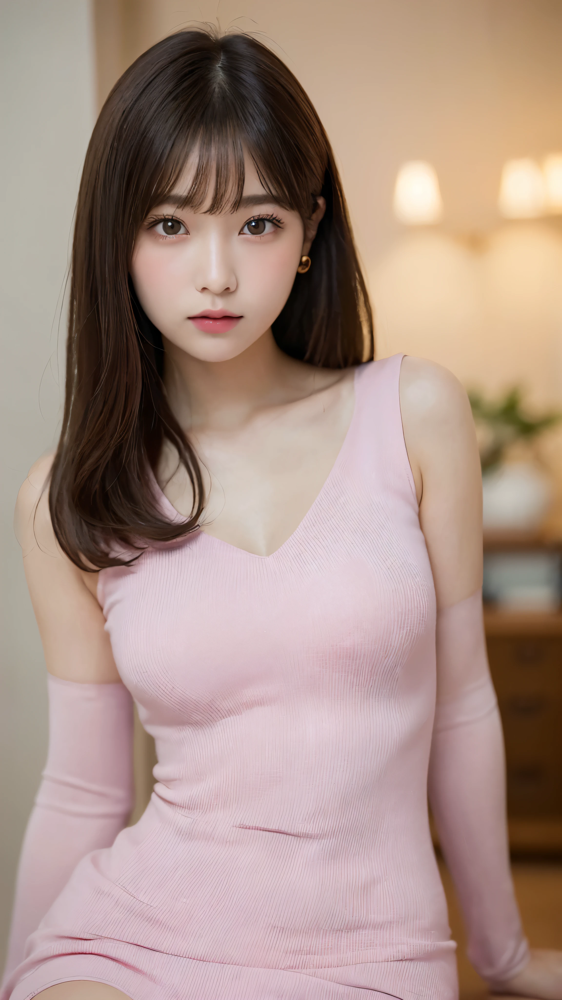 (Raw photo, High resolution, Best Quality, masutepiece:1.3), (realistic detail, hyper realisitc, Photorealistic: 1.2), Sharp Focus, Medium Shot Shot, upperbody shot, 1girl in, Very delicate and beautiful, Beautiful detailed girl, A detailed eye、A detailed face, Triangular face, Beautiful detailed eyes, (Slender figure, thin waist), (sweater dress), In fashion, earrings, Natural makeup, Pink shiny lips, Sweep Fashion Shorthair, Perfect Style, (low illuminance, Sitting in a café), nffsw