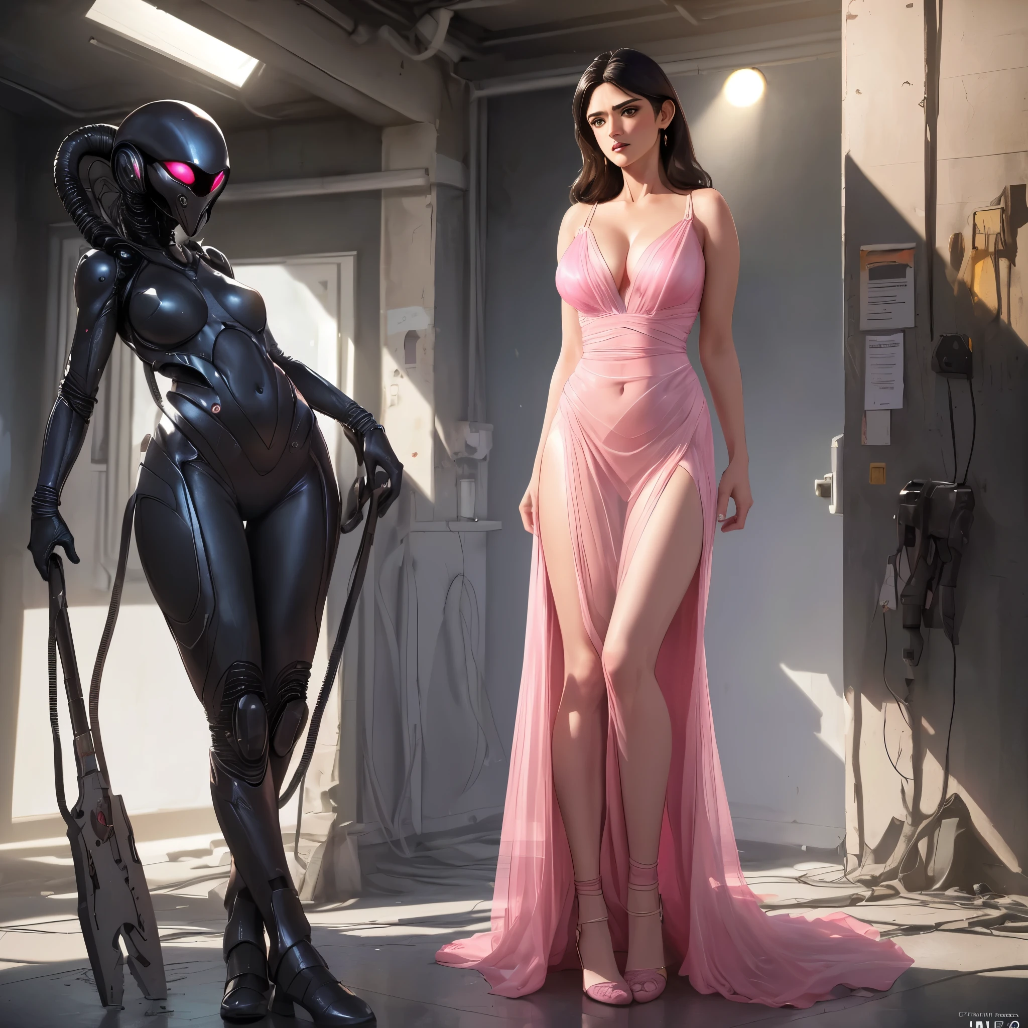 (best quality,4k,8k,highres,masterpiece:1.2),ultra-detailed,(realistic,photorealistic,photo-realistic:1.37),sci-fi,fantasy, A group of aliens has abducted Salma Hayek (age 40) and they are tearing off her clothes and examining her with alien tools, she must stand in a bright spotlight. She is dressed in a pink translucent gown and is very shy and embarrassed, show her from head to toe