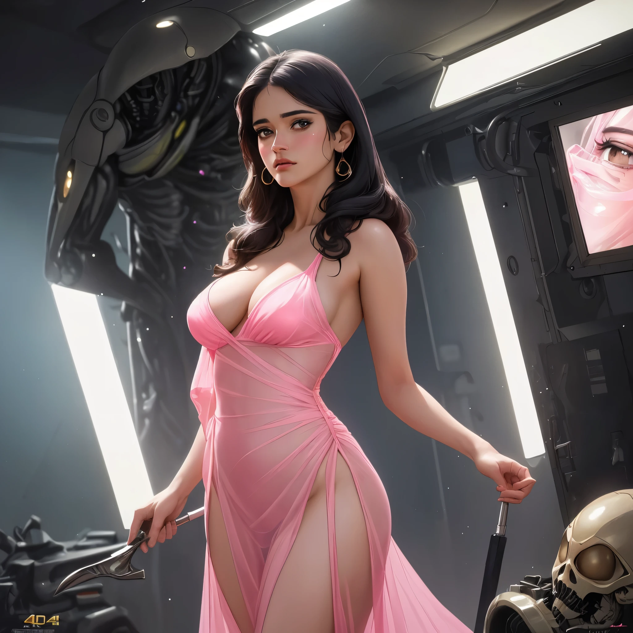 (best quality,4k,8k,highres,masterpiece:1.2),ultra-detailed,(realistic,photorealistic,photo-realistic:1.37),sci-fi,fantasy, A group of aliens has abducted Salma Hayek (age 40) and they are tearing off her clothes and examining her with alien tools, she must stand in a bright spotlight. She is dressed in a pink translucent gown and is very shy and embarrassed, show her from head to toe