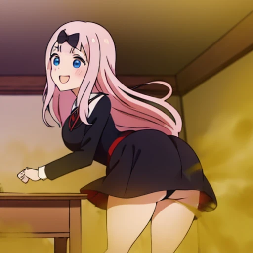 highest quality、(master piece:1.2)、detailed、Chika Fujiwara (Kaguya-sama)、1 girl、solo、open your mouth、Satisfied smile、pink hair、blue eyes、long hair、school uniform、black dress、hair ribbon、black ribbon、Red Ribbon、Are standing、classroom、fart、Gas comes out of the butt、long skirt