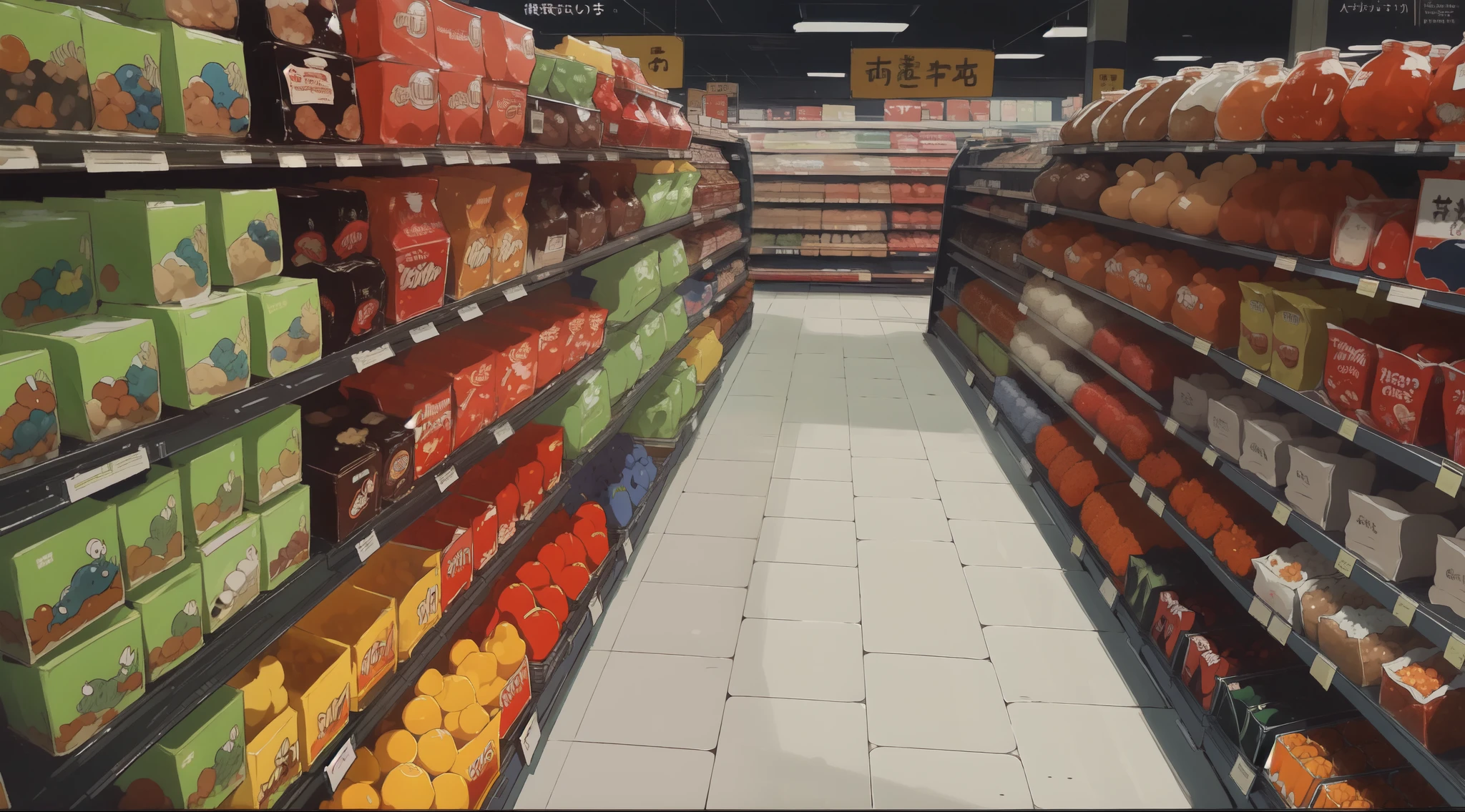 arafed aisle of a grocery shop with a variety of snacks, inside a supermarket, convenience shop, standing in a supermarket, Supermarket shelves stacked, shop, photo for a shop, Shot with Sony alpha 9, author:Tom Varnerstrand, the shop, Candy shop in the mall, market in japan, Japanese series products, Aisle of the aquarium,Two-dimensional cartoon style,flat style