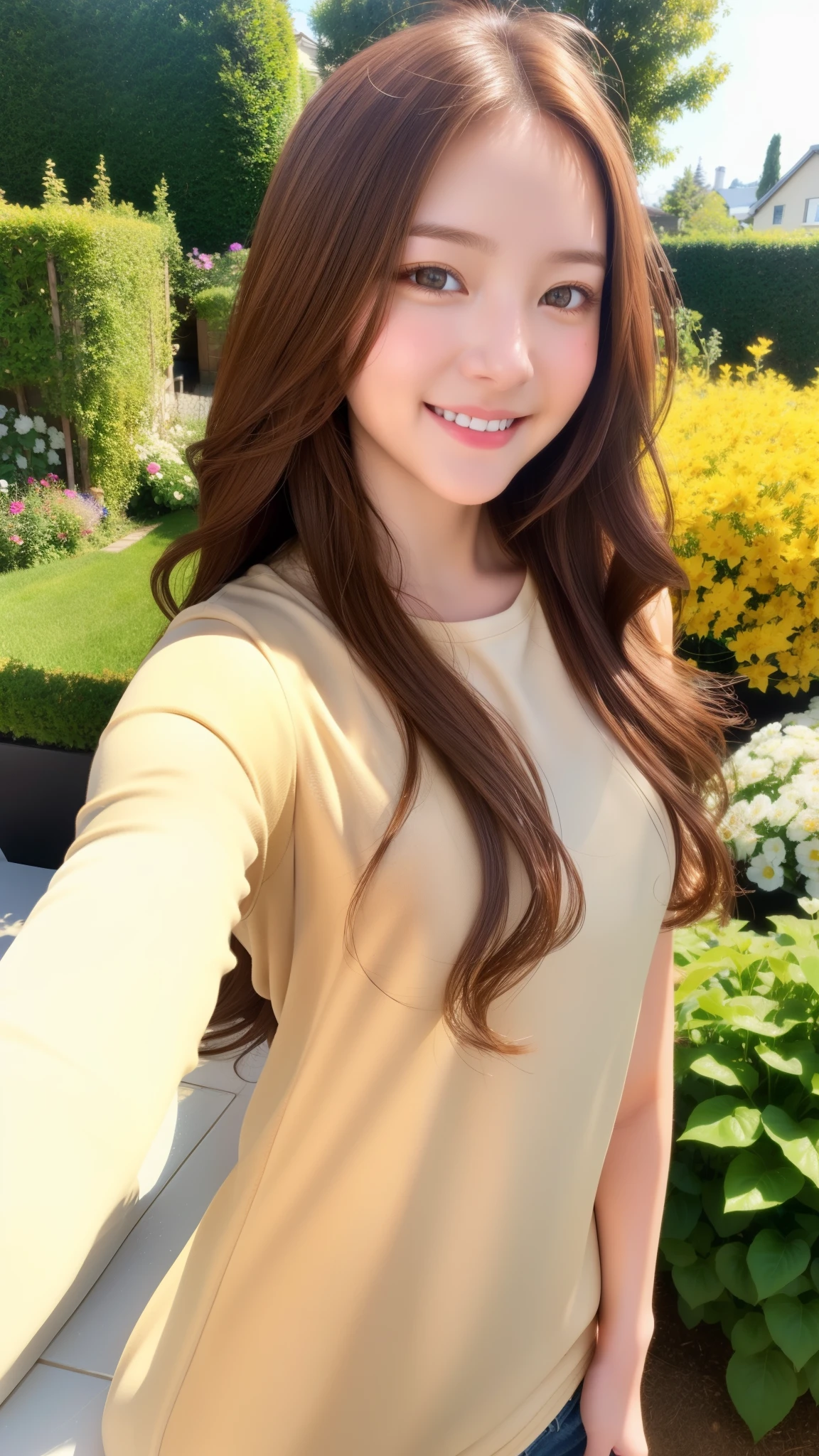 realistic, 1 girl, shining eyes, smile、Taking a selfie、Gold Brown Hair、garden、American casual