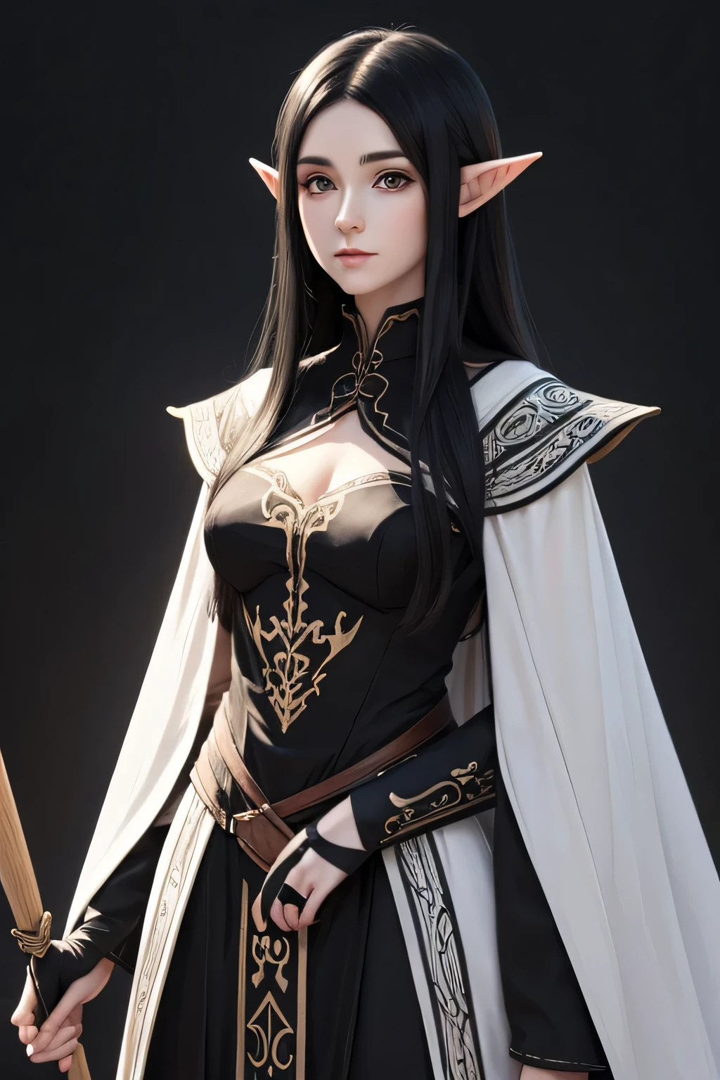 hand drawn, digital art, pale black-haired elf, 3/4, non-realistic, anime, skeetch