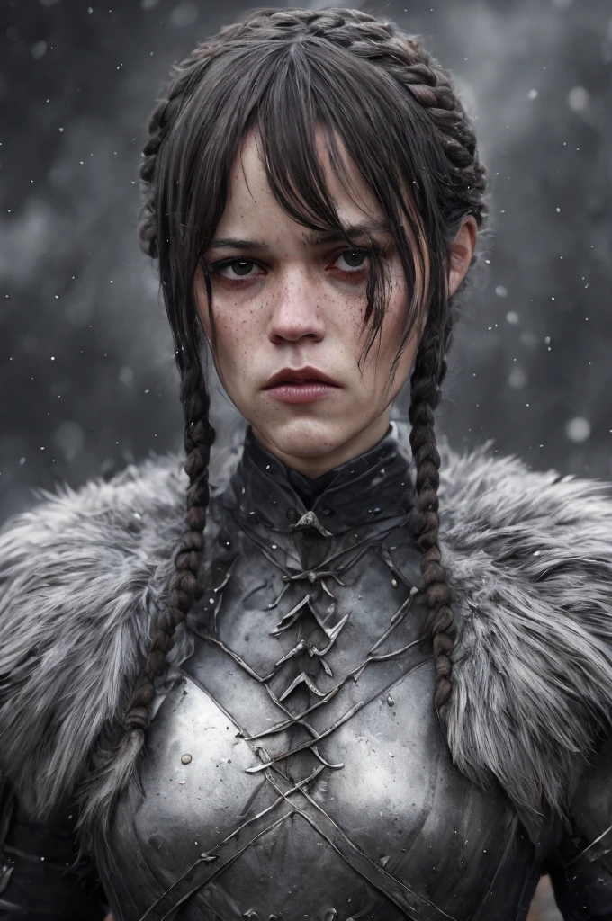 portrait photo of jenort braided hair , analog style, intricate upper body portrait of ( woman:1), nordic warrior, (silver hair:1.2), blood splatters, barbarian armor, furs, (looking_to_camera:1.1), battle stance, angry, snowy analog style, hyper realistic lifelike texture dramatic lighting, nikon RAW photo,8 k,Fujifilm XT3,masterpiece, best quality, realistic, photorealistic,ultra detailed,extremely detailed face,