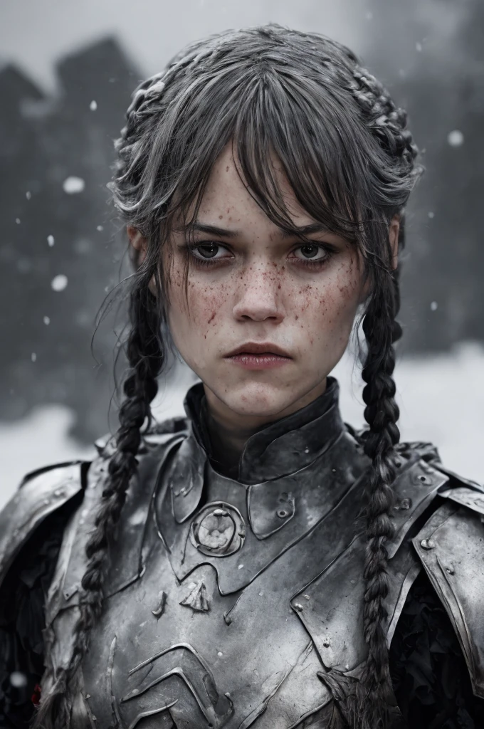 portrait photo of jenort braided hair , analog style, intricate upper body portrait of ( woman:1), nordic warrior, (silver hair:1.2), blood splatters, barbarian armor, furs, (looking_to_camera:1.1), battle stance, angry, snowy analog style, hyper realistic lifelike texture dramatic lighting, nikon RAW photo,8 k,Fujifilm XT3,masterpiece, best quality, realistic, photorealistic,ultra detailed,extremely detailed face,