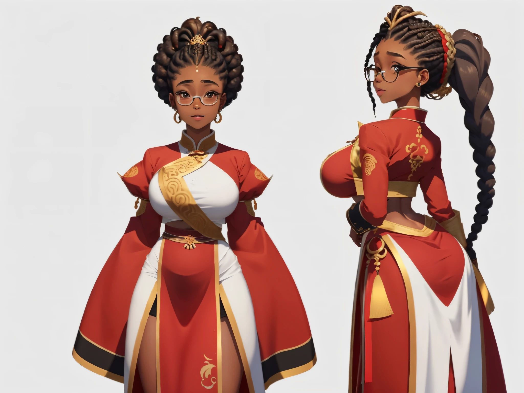 (A 20 year old black woman with glasses , com ,big vagina uma coxa larga, It's a beautiful destination with sexual erotic masterpiece, alta qualidade, 4K, Melhor qualidade: 1.0) design bonito, brilhante, , pele morena, tatuagem de estrela transparente no meio da testa, cabelos brancos cortados de lado, rastafari, perfect afro braided hair, has very long braids falling forward, sobrancelhas grossas e pretas, , olhos rosa, cabelo rosa, cabelo curto, olhos detalhados, olhos arregalados, eyelash, olhando para o espectador, visualizador de frente,expressions of surprise, De Alegria, sorriso, Vista de corpo inteirocorpo perfeito , plano completo, vista frontal, views and poses, plano completo v4,design de personagens, com menos, estilo de roupa, no mesmo penteado, less Type of footwear, , fundo simples,
(masterpiece)),(((best quality))),(character design sheet, same character, front, side, back), illustration, 1 girl, hair color, hairpin, bangs, hairstyle fax, eyes, environment Scene change, hairstyle fax, pose Zitai, female, ancient Chinese princess, charturnbetalora, (simple background, white background: 1.3)