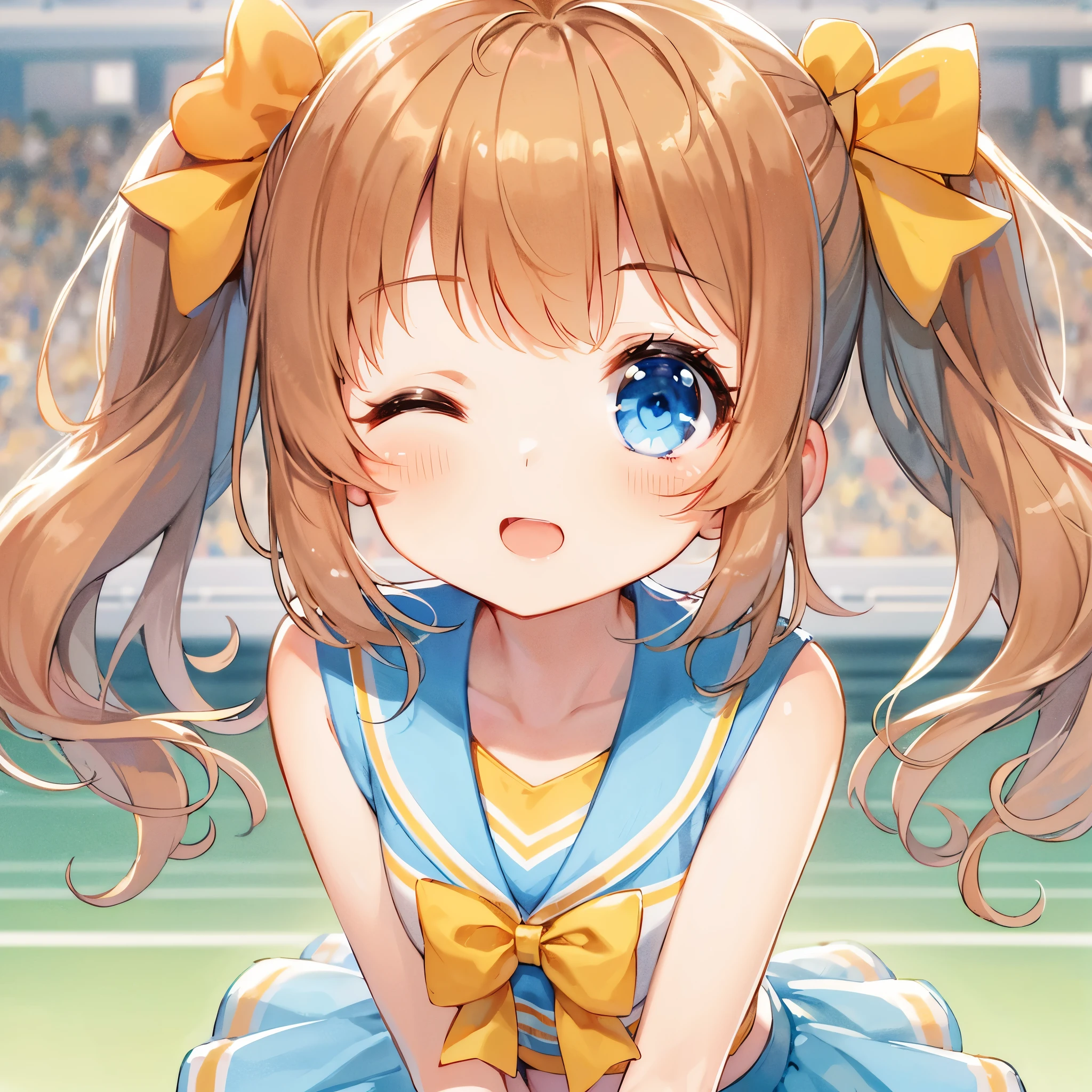 1 girl, age 15, medium hair, (shiny golden hair:1.3), (low twintails:1.3), (asymmetrical hair:1.3), no accessories, slim, (baby face:1.3), cute eyes, skyblue eyes, pointy nose,
BREAK
flat, high-quality illustration style,
BREAK
in a stadium ground, cheerleader outfit (lemon chiffon and skyblue), dancing, winking with one eye closed