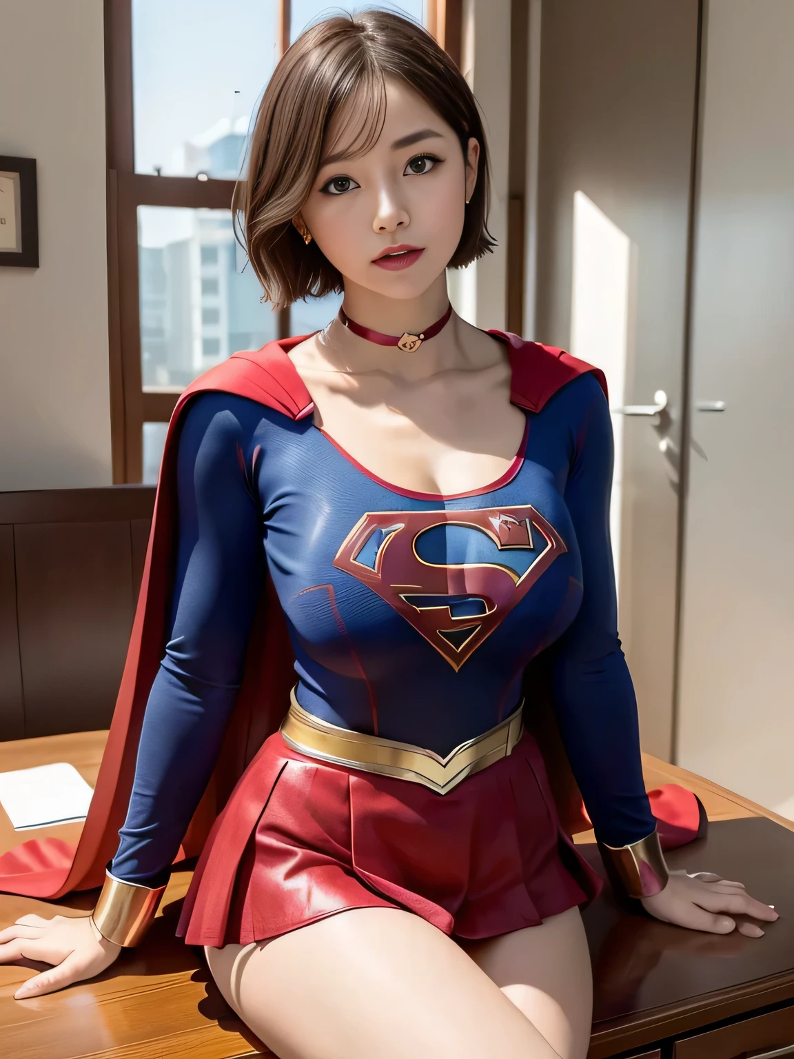 masterpiece、Supergirl costumes、short hair、barefoot、big and full breasts、Research room、operating table、straddle、Tattered、shiny、look at the camera、Seduce、choker、long sleeve、red mini skirt、Cowgirl