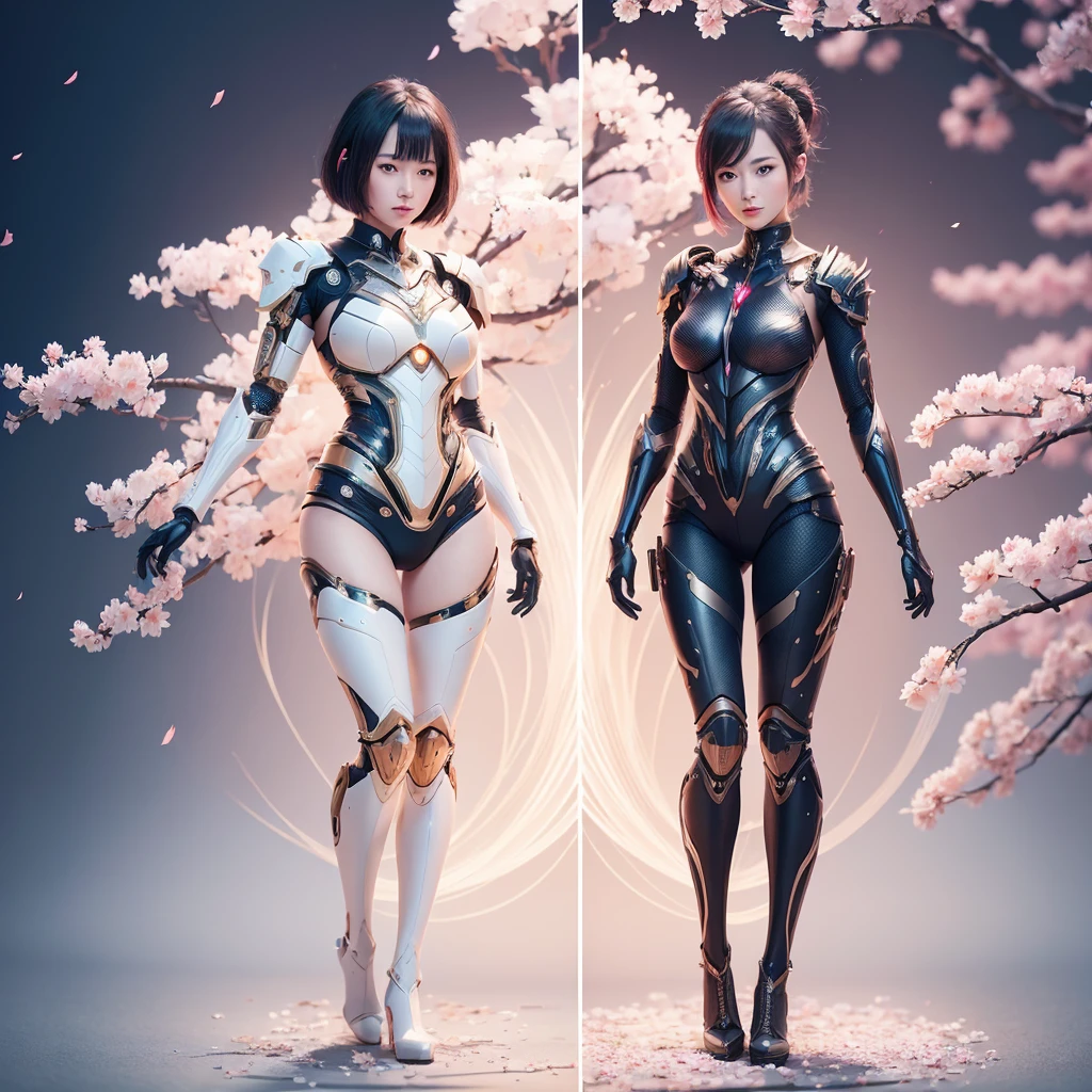 (((full body photo)))
beautiful japanese young woman, wearing cyborg armor, thick symmetrical features, very short hair, background is cherry blossoms, pink aura, red lips, octane render,