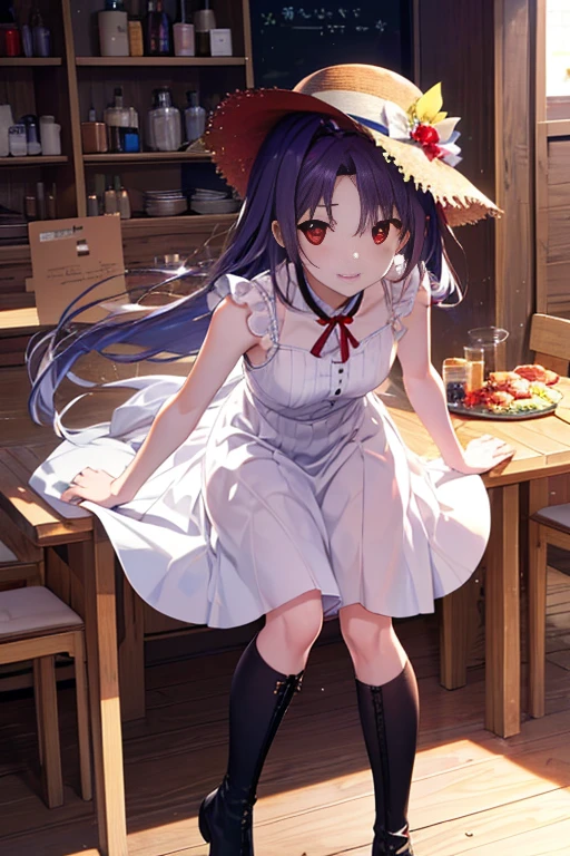Yuki Konno, Yuki Konno, hair band, long hair, pointed ears, purple hair, (red eyes:1.5), (small breasts:1.2), wear a large straw hat,White sleeveless long skirt dress，short boots，smile,summer,Kaigan Street,happy atmosphere，
break (table top:1.2), highest quality, High resolution, unity 8k wallpaper, (figure:0.8), (beautiful and fine eyes:1.6), highly detailed face, perfect lighting, Highly detailed CG, (perfect hands, perfect anatomy),