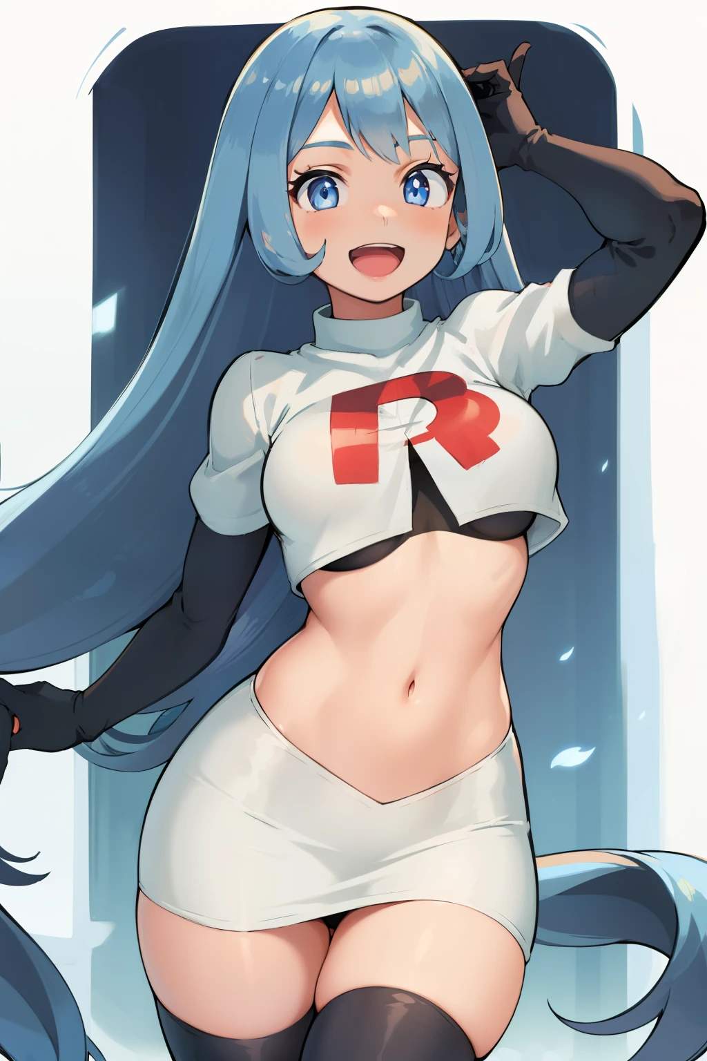 nejire hado, 1girl, solo, long hair, breasts, looking at viewer, smile, open mouth, bangs, blue eyes, medium breasts, very long hair, blue hair, :d, team rocket,team rocket uniform,white skirt,crop top,black thigh-highs,black elbow gloves