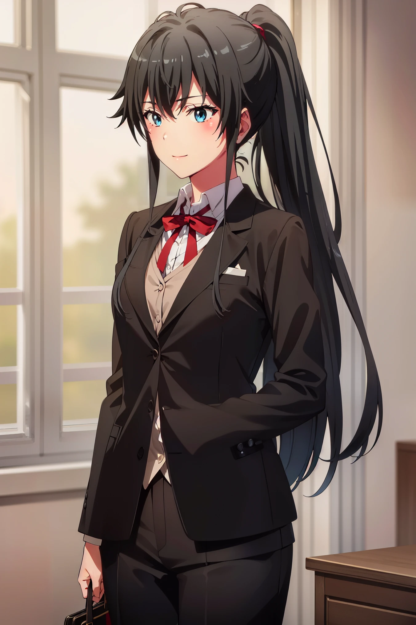 ((best quality)), ((masterpiece)), (detailed) 1girl 1girl, ;\), blurry, blurry_background, breasts, , hair_ponytail ribbon, looking_at_viewer, ok_sign, one_eye_closed, open_hand, Yukinoshita Yukino ,Woman wearing formal clothes, An attractive coat stands in a large gap in the room , 1girl, 独奏, blue necktie, Black hair, eyes blue, long hair, smile , collared shirt, white pants, white shirt , Elegantly designed coat , Stand in front of a window ,Perfectly tailored tailcoat. It has a stunning Victorian design and is made of lustrous fabric