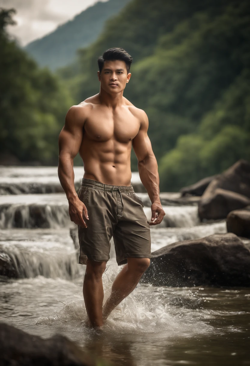 a photo-realistic image of a (((muscular and toned))) Thai male in shorts, (((irresistibly sexy, good looking, and beautiful handsome face))), with ((pale skin color with fine skin complexion)), (((bare chest))), ((no top)), ((beautiful and shiny long black hair)), ((no pants)), in the world of Asian male model legends, walking in the river, background of waterfall and mountains on a sunny day. ((full body shot)), ((ultra high resolution))