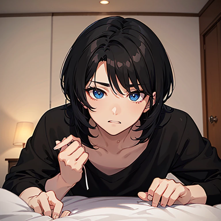 Anime character in a white t-shirt lies on the bed in a villa,Tall anime man with blue eyes,young anime fan,Anime handsome,anime portrait of a handsome man,Anime Mo art style,male anime style,Inspired by Okumura Masanobu,male anime character,high quality anime style,beautiful anime pose,Smooth Anime CG Art,(with short black hair:2),Black stud earrings,Lost in both eyes,idle,I look at the ceiling