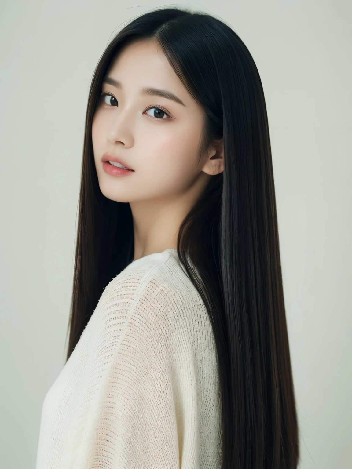 ((highest quality、8K、masterpiece:1.3))、ultra high resolution、(photorealistic:1.4)、raw photos、Japanese,(details face)、real、Shot in natural light、Highly detailed face and skin texture、highly detailed lips、correct state of the human body、straight hair、black hair、various poses、natural color lip 、long hair、((black hairstraight hair))、straight hair、shot from behind、Don't look at the camera、professional lighting、angle from behind、Shot in natural light、super detail、30 generations、actress、髪型はまっすぐなstraight hair、Emphasizes the shine of hair、white blouse、white wall、Taken in front of the white door、(窓のあるwhite wallの部屋)