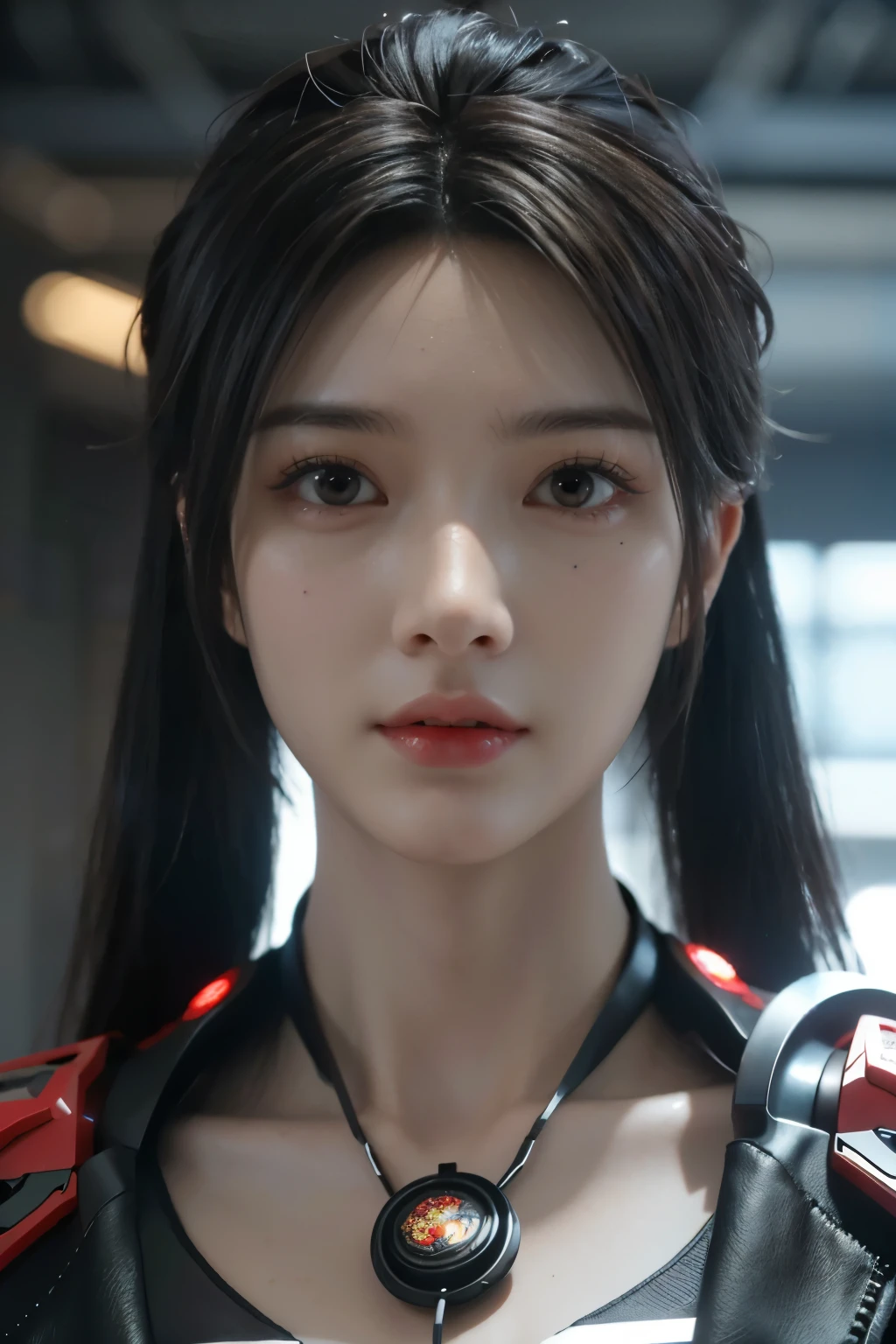 Game art，The best picture quality，Highest resolution，8K，((A bust photograph))，((Portrait))，((Head close-up))，(Rule of thirds)，Unreal Engine 5 rendering works， (The Girl of the Future)，(Female Warrior)， 22岁少女，(Female hackers)，(Rainbow hair，Ancient Oriental hairstyle)，((The pupils of the red eyes:1.3))，(A beautiful eye full of detail)，(Big breasts)，(Eye shadow)，优雅迷人，冷漠，((Anger))，(Cyberpunk jacket full of futuristic look，Joint Armor，There are exquisite Chinese patterns on the clothes，A flash of jewellery)，赛博朋克人物，未来风格， 拍照姿势，城市背景，Movie lights，Ray tracing，Game CG，((3D Unreal Engine))，oc渲染反射纹