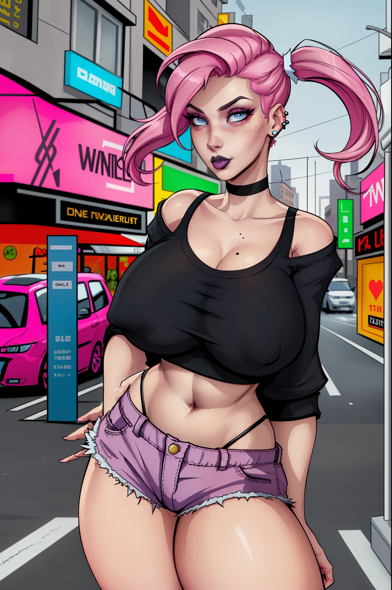 Close up of an supermodel woman face, at a busy cluttered city street background, daytime, pale blue eyes, detailed short pink hair with pigtails and shaved sides haircut, freckles, blushing, pouting expression, single eyebrow raised, eye shadow, black lipstick, pierced eyebrow, big tits, wearing a loose baggy tshirt crop top, looking to the side, comic book style, flat shaded, prominent comic book outline linework
