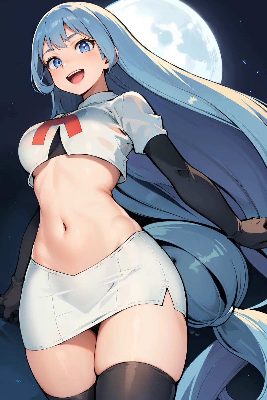 nejire hado, 1girl, solo, long hair, breasts, looking at viewer, smile, open mouth, bangs, blue eyes, medium breasts, very long hair, blue hair, :d, team rocket,team rocket uniform,white skirt,crop top,black thigh-highs,black elbow gloves
