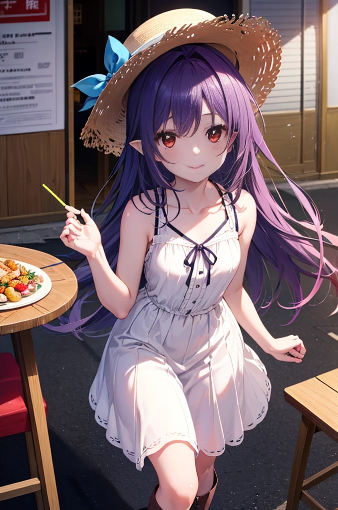 Yuki Konno, Yuki Konno, hair band, long hair, pointed ears, purple hair, (red eyes:1.5), (small breasts:1.2), wear a large straw hat,White sleeveless long skirt dress，short boots，smile,summer,Kaigan Street,walking,In town,happy atmosphere，
break (table top:1.2), highest quality, High resolution, unity 8k wallpaper, (figure:0.8), (beautiful and fine eyes:1.6), highly detailed face, perfect lighting, Highly detailed CG, (perfect hands, perfect anatomy),