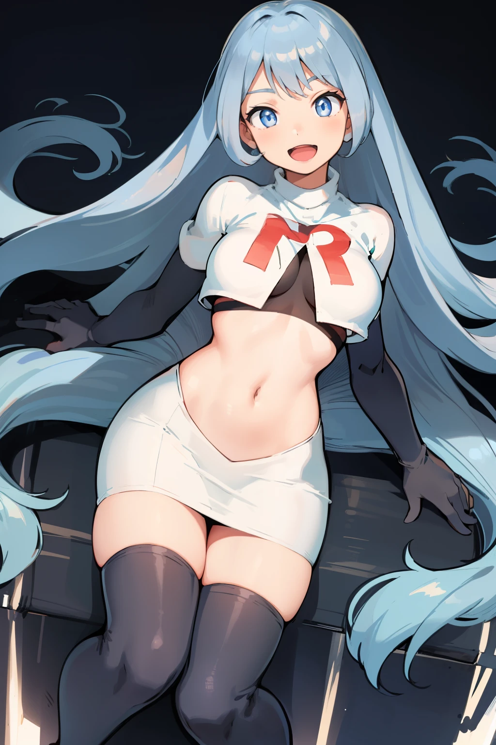 nejire hado, 1girl, solo, long hair, breasts, looking at viewer, smile, open mouth, bangs, blue eyes, medium breasts, very long hair, blue hair, :d, team rocket,team rocket uniform,white skirt,crop top,black thigh-highs,black elbow gloves