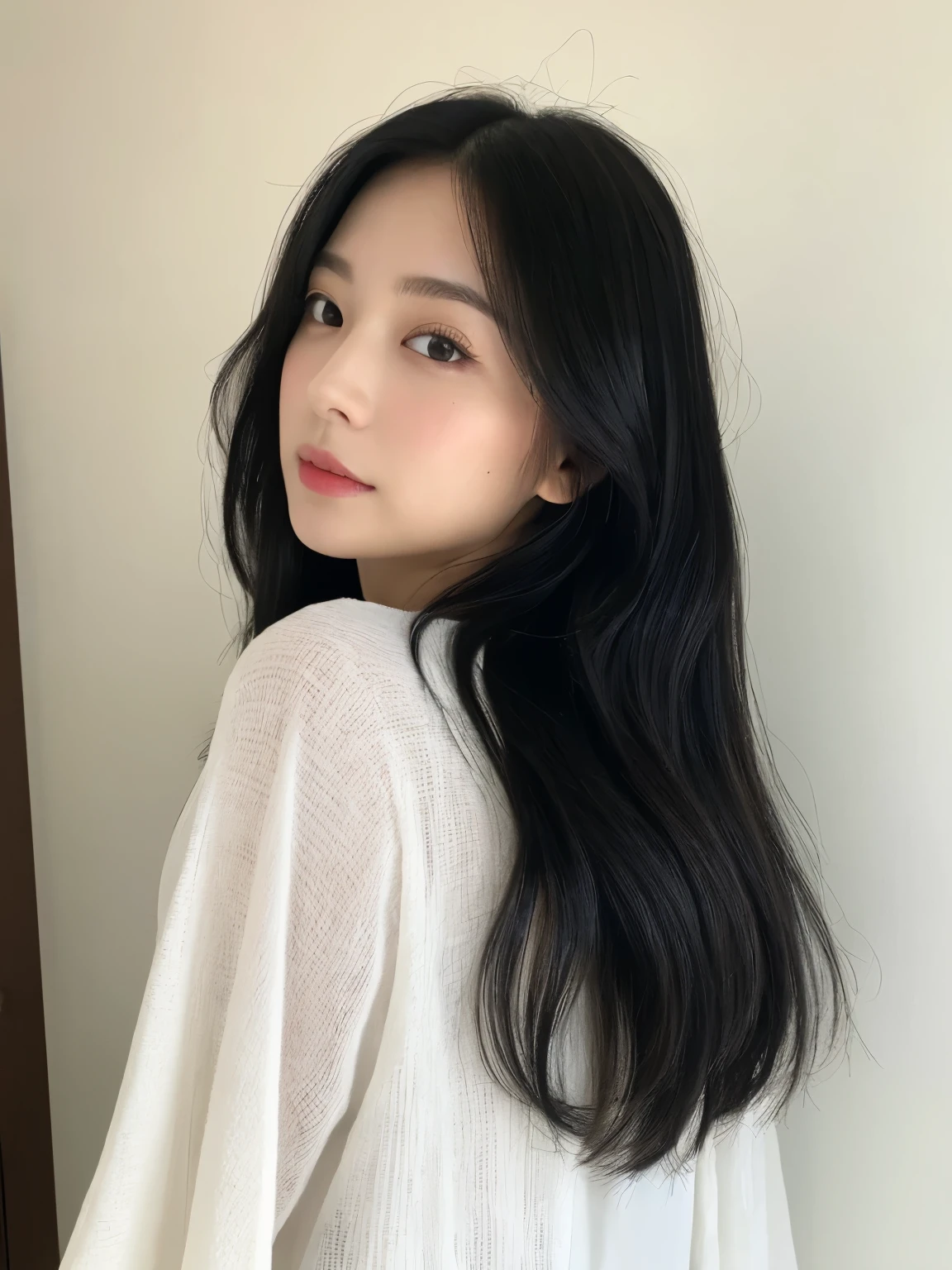 ((highest quality、8K、masterpiece:1.3))、ultra high resolution、(photorealistic:1.4)、raw photos、Japanese,(details face)、real、Shot in natural light、Highly detailed face and skin texture、highly detailed lips、correct state of the human body、straight hair、black hair、various poses、natural color lip 、long hair、((black hairstraight hair))、straight hair、shot from behind、Don't look at the camera、professional lighting、angle from behind、Shot in natural light、super detail、30 generations、actress、髪型はまっすぐなstraight hair、Emphasizes the shine of hair、white blouse、white wall、Taken in front of the white door、(窓のあるwhite wallの部屋)