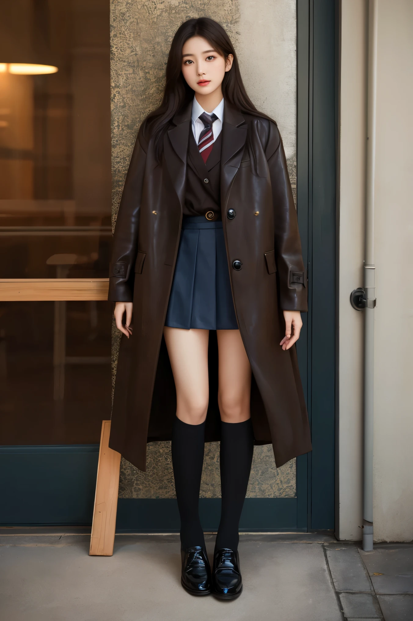 ((masterpiece)), best quality, extremely detailed face, ultra high res, (photorealistic:1.4), Amazing, finely detail, huge filesize, correct exposure, 1girl, svelte body, 162cm height, (intricate details), SOLO, looking at viewer, perfect lighting, realistic, lips, blush, shiny skin, fair skin,extremely detailed face, beautiful detailed eyes, (detail skin:1.2), makeup, depth of view, ((school uniform, overcoat,black stocking,leather shoes,)),full body, standing,(Soft Color Tones:1.1)