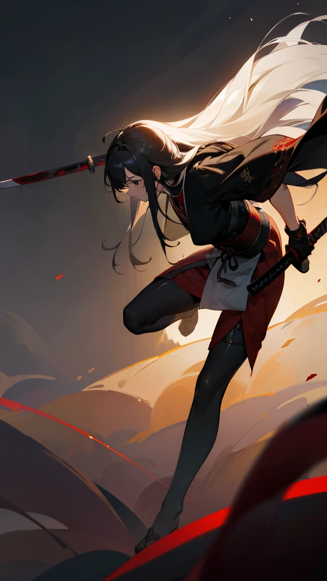 RAW Photo, 4k, Realistic, Delicate and Meticulous Skin), Masterpiece, Best Quality, Official Art, Unity 8k Wallpaper, Ultra Detailed, (Dark Scene, Low Key, Soft Light), Cinematic Look, High Saturation, Best Anatomy, Volume Mist, Samurai Girl, Slim Body, Full Body, 1 Girl, Weapon, Sword, Long Hair, Brunet, Hold, Solo, Hold Weapon, Blood, Sword Grip, Armguard, Simple Background, Blood on Weapon, Looking at the Audience, Black Eyes, Cloth, Floating Hair, Hanfu, Dragon