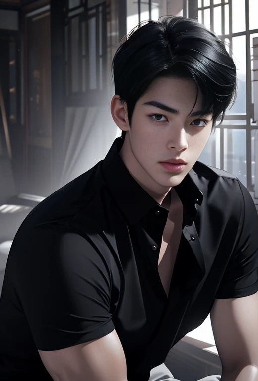 High quality, masterpiece, highly detailed, 8k, perfect face, perfect body, realistic, photogenic, man, Asian, young, black hair, short hair, handsome