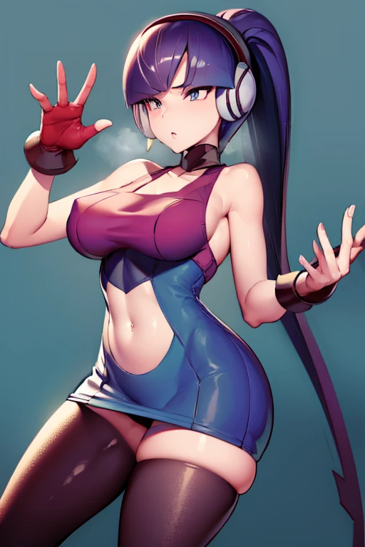 (masterpiece、top-quality:1.2)、1girl in、独奏、sabrina、huge breast, A pokémon、length hair、purple color hair、bluntbangs、red eyes、Red Sweater Dress、(white glove:1.2)、Black sash、(Black Leggings:1.1)、(body suit:1.1)、((pantyhose))、(thigh high boots)、simple background, pkmnClair, ponytail, earrings, choker, cape, blue bodysuit, blue boots, bw1elesa, blonde hair, short hair, headphones, cables, choker, cleavage, black and yellow dress, short dress, clothing cutout, navel cutout, sleeveless, pantyhose