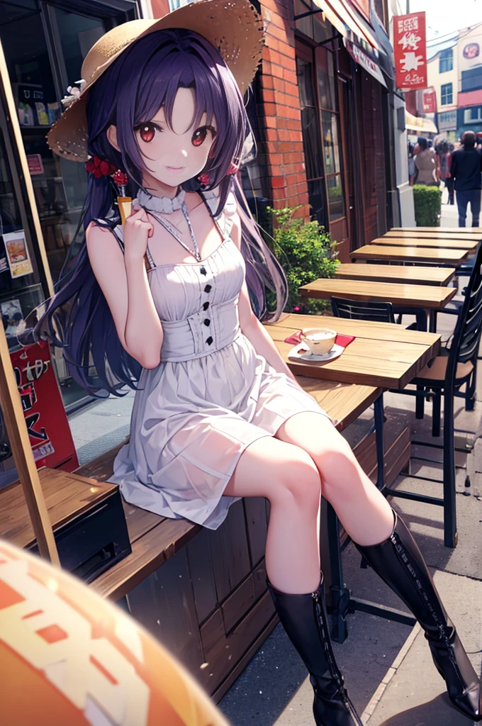 Yuki Konno, Yuki Konno, hair band, long hair, pointed ears, purple hair, (red eyes:1.5), (small breasts:1.2), wear a large straw hat,White sleeveless long skirt dress,short boots,smile,summer,Kaigan Street,walking,In town,happy atmosphere,
break (table top:1.2), highest quality, High resolution, unity 8k wallpaper, (figure:0.8), (beautiful and fine eyes:1.6), highly detailed face, perfect lighting, Highly detailed CG, (perfect hands, perfect anatomy),