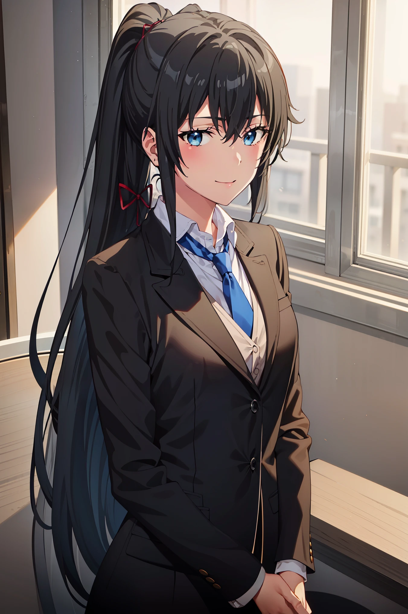 ((best quality)), ((masterpiece)), (detailed) 1girl 1girl, ;\), blurry, blurry_background, breasts, , hair_ponytail ribbon, looking_at_viewer, ok_sign, one_eye_closed, open_hand, Yukinoshita Yukino ,Woman wearing formal clothes, An attractive coat stands in a large gap in the room , 1girl, 独奏, blue necktie, Black hair, eyes blue, long hair, smile , collared shirt, white pants, white shirt , Elegantly designed coat , Stand in front of a window ,Perfectly tailored tailcoat. It has a stunning Victorian design and is made of lustrous fabric