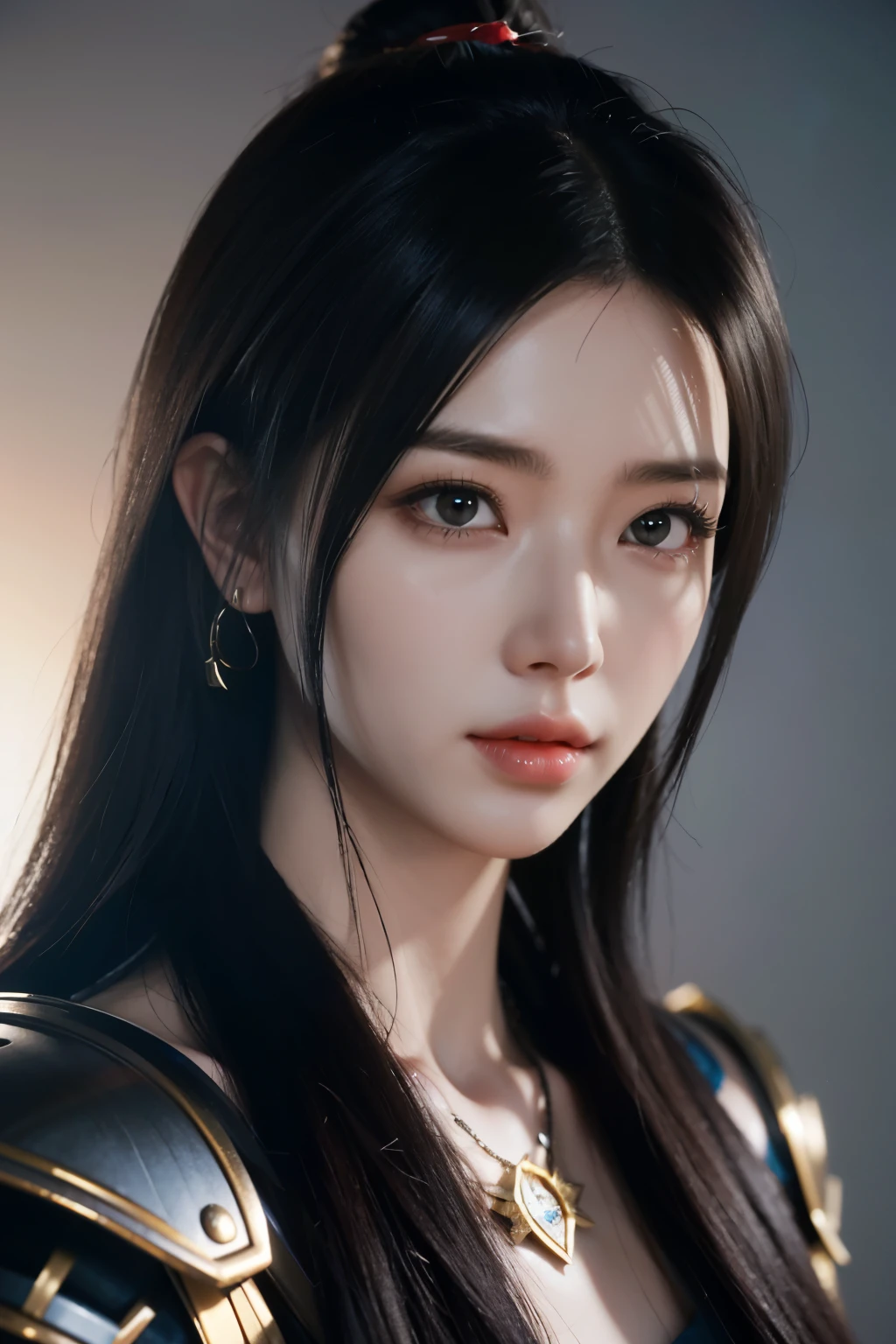 Game art,The best picture quality,Highest resolution,8K,((A bust photograph)),((Portrait)),((Head close-up)),(Rule of thirds),Unreal Engine 5 rendering works, (The Girl of the Future),(Female Warrior), 22岁少女,(Female hackers),(Rainbow hair,Ancient Oriental hairstyle),((The pupils of the red eyes:1.3)),(A beautiful eye full of detail),(Big breasts),(Eye shadow),优雅迷人,冷漠,((Anger)),(Cyberpunk jacket full of futuristic look,Joint Armor,There are exquisite Chinese patterns on the clothes,A flash of jewellery),赛博朋克人物,未来风格, 拍照姿势,城市背景,Movie lights,Ray tracing,Game CG,((3D Unreal Engine)),oc渲染反射纹