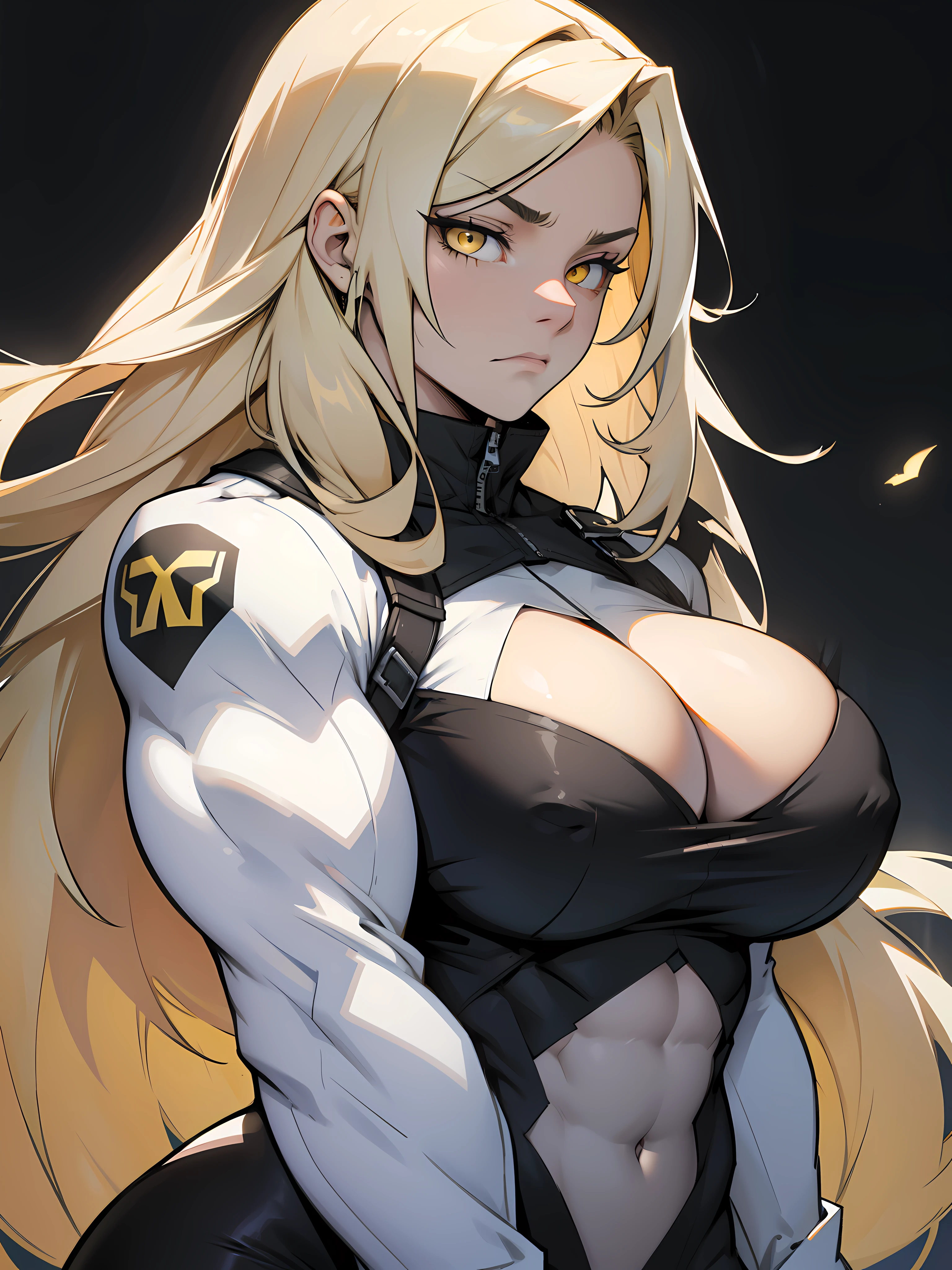 girl muscles huge breasts black long hair yellow eyes pale skin thick toned body muscular long sleeve solo solo sad sad muscular muscular