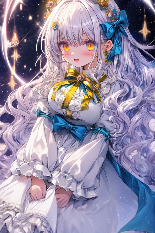 Long white slightly curly hair，Yellow eyes，glomy，Castle，rosette，white  skirt，Ghost Ghost Magic Delicate hair accessory