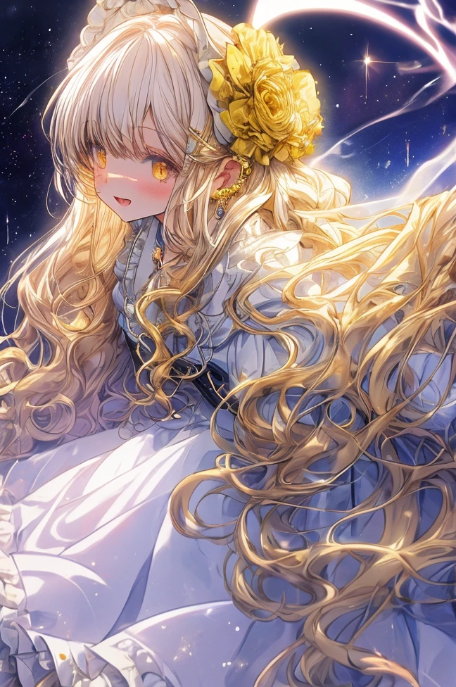 Long white slightly curly hair,Yellow eyes,glomy,Castle,rosette,white skirt,Ghost Ghost Magic Delicate hair accessory