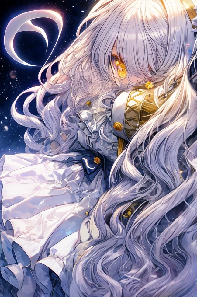 Long white slightly curly hair，Yellow eyes，glomy，Castle，rosette，white  skirt，Ghost Ghost Magic Delicate hair accessory