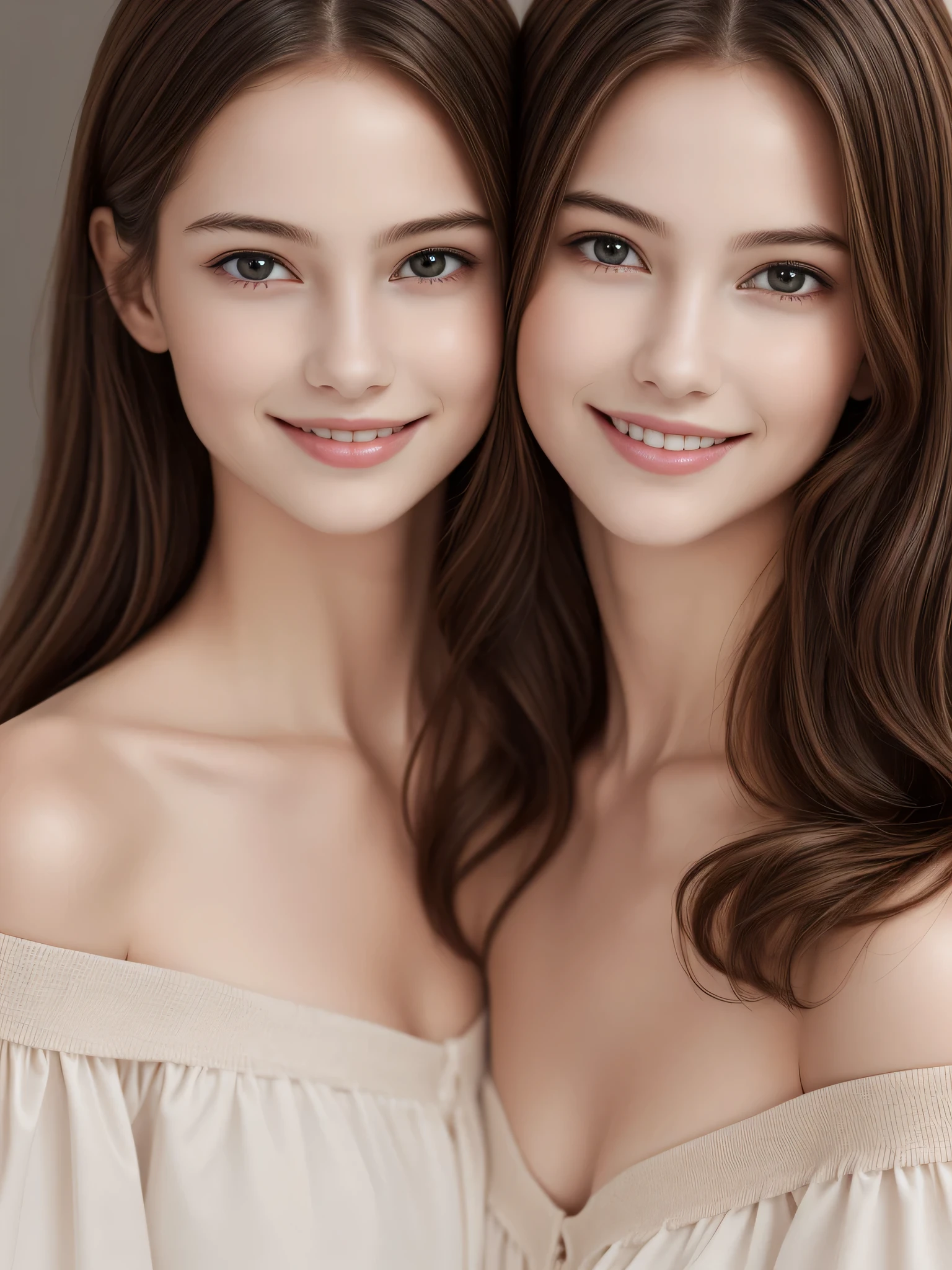 (2ung girls),  (Ultra realistic,  high res), (Off-shoulder with very loose breasts),  upper body,  caute smile,  (best quality:1.4),  Raw photo,  (realistic,  photo-realistic:1.37),  professional photography,  cinematic light,  (fine face: 1.2)